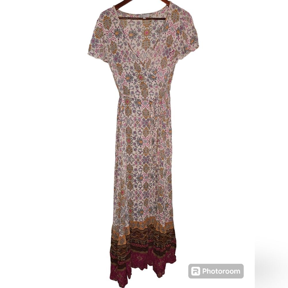 Patrons of Peace Boho Cream Floral Print True Wrap Maxi Dress Short Sleeve - M
